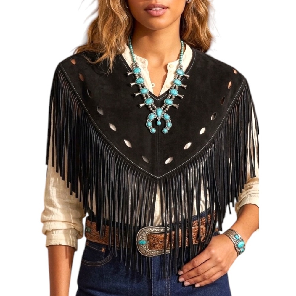 Vtg Black Suede Fringe Capelet Western Shoulder Poncho Shrug Laser cut Detail OS